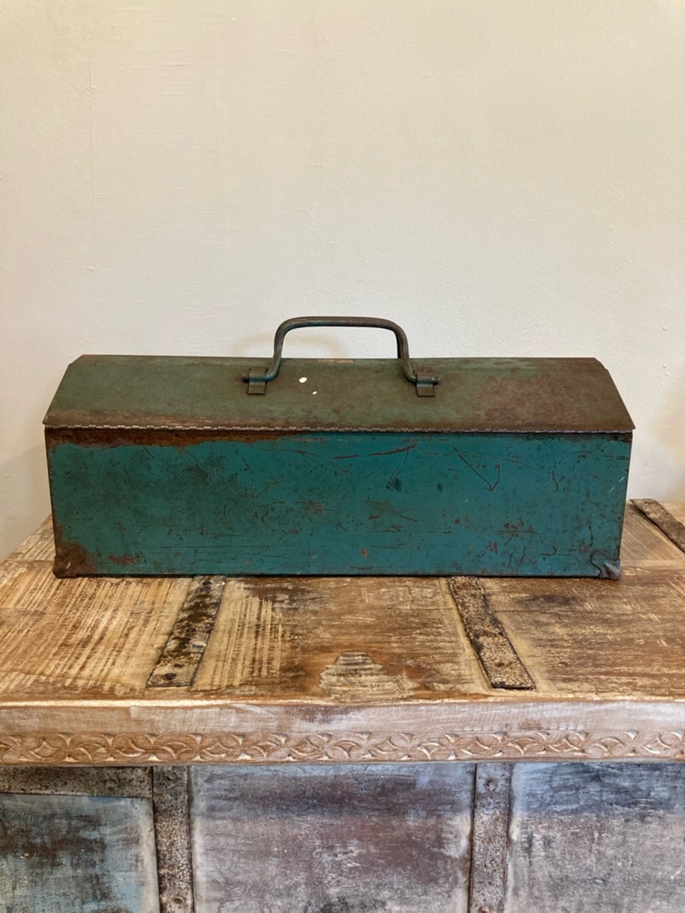 Vintage Metal Toolbox in Teal with Carry Handle and Insert 21” Long Distressed - Picture 2 of 16